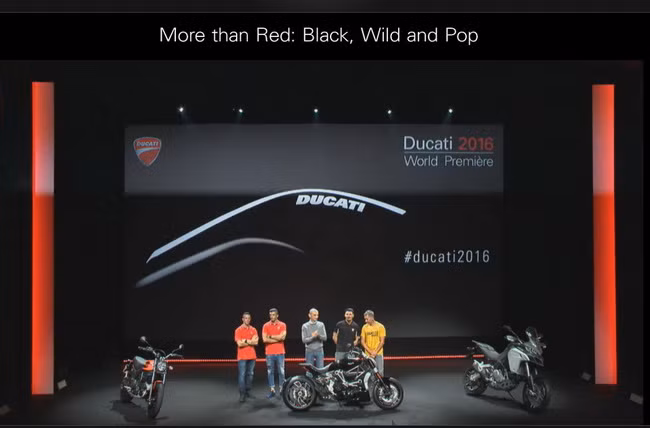  Hãng xe Ducati đã cho ra mắt chính thức loạt xe mới là Multistrada 1200S Enduro, X-Diavel, và Ducati Scramler 400, bên cạnh đó phiên bản nâng cấp của 2 mẫu xe Hypermotard và Panigale cũng được ra mắt.
