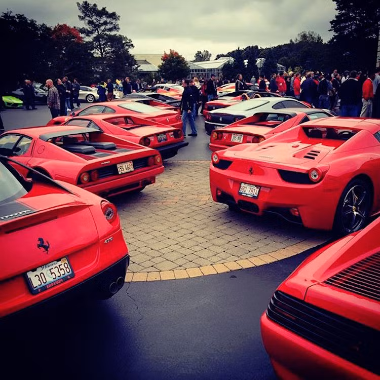 Thương hiệu siêu xe nổi tiếng của Ý Ferrari chiếm một số lượng đông đảo tại buổi offline Lake Forest Sportscars.