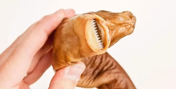 Đây cũng không phải là vết thương nhỏ, vì từng được ghi nhận rộng khoảng 5 cm và sâu 7 cm. Nhờ đó chúng có thể tấn công những kẻ săn mồi có kích thước to lớn gấp nhiều lần chúng, thậm chí có thể dùng răng cắn hỏng tàu ngầm.