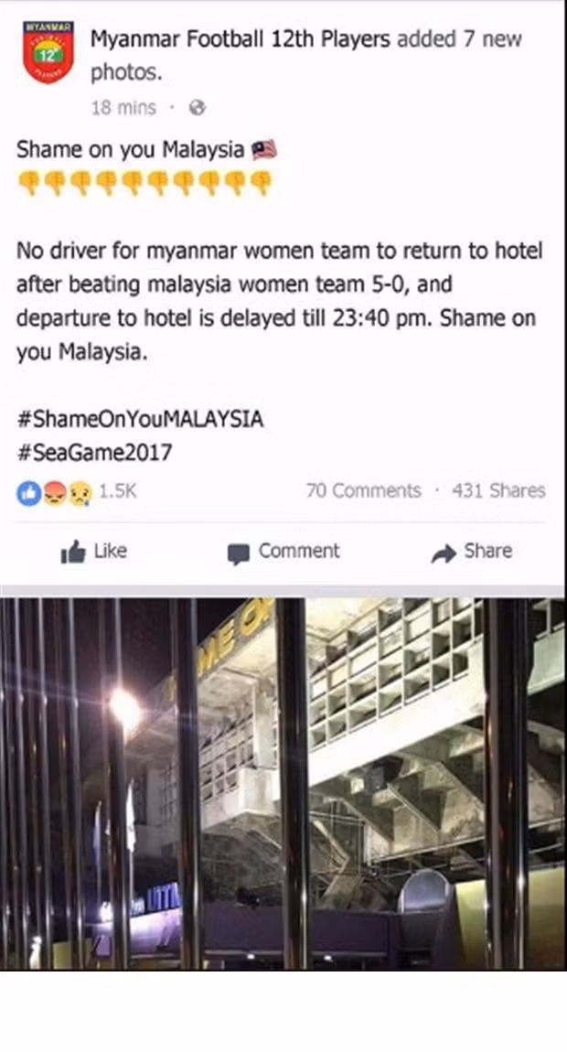 Không chỉ có chơi khó mình ĐT nữ Việt Nam, BTC SEA Games 29 trước đó còn làm khó ĐT nữ Futsal Myanmar khi họ thắng đội chủ nhà với tỷ số 5-0. Cụ thể, người lái xe đưa các VĐV Myanmar về khách sạn và mãi 23h40 mới về tới nơi. Ảnh: Facebook