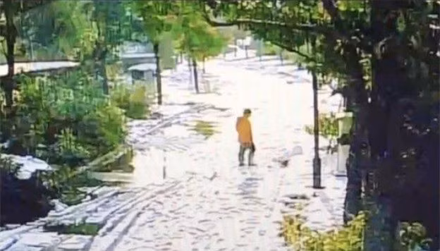 Minh Minh đi vòng quanh sân để tìm lại điện thoại.