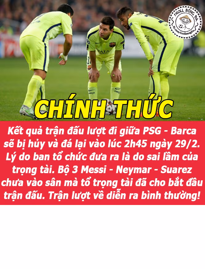 Để an ủi Barca khi thua sấp mặt trước PSG nhiều cư dân mạng đã cho đăng tải bức ảnh chế trận đấu giữa hai CLB trên sẽ được thi đấu lại vào ngày 29/2/2017.