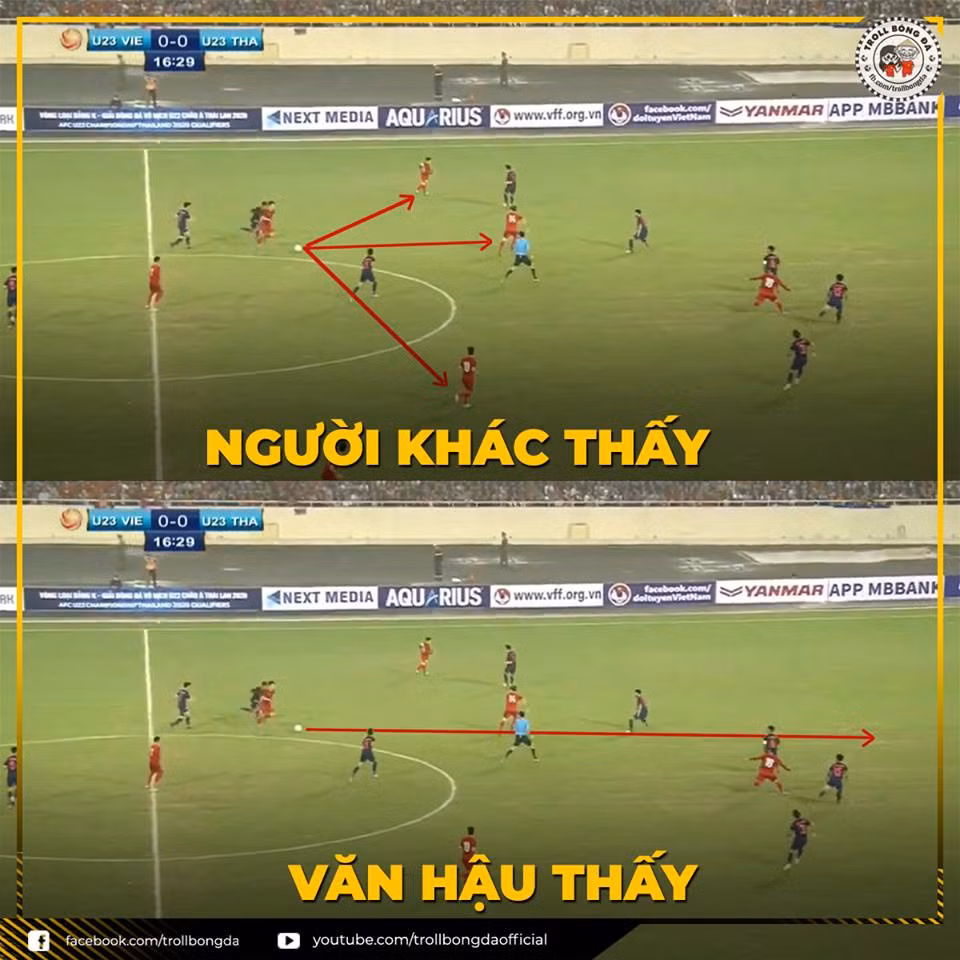 Cách mà mọi người thấy và Văn Hậu thấy trong bàn thắng mở tỷ số của U23 Việt Nam trước Thái Lan.
