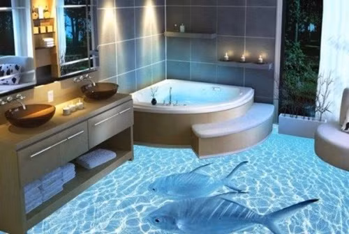 Hầu hết các hộ gia đình đều lát gạch trơn cho nhà tắm nhưng một số người lại thích thử nghiệm các kiểu sàn 3D sống động.