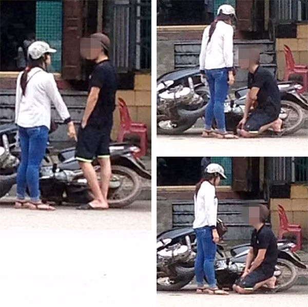 Không chỉ có các bạn nam mới thể hiện cá tính của mình. Trong ảnh, không hiểu anh chàng bạn trai đã làm gì mà cô bạn gái đã đạp đổ chiếc xe máy và bắt "đối tác"phải quỳ xuống xin lỗi.