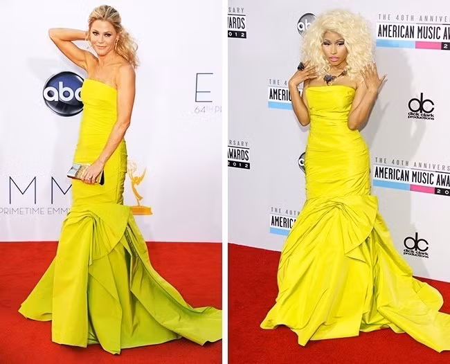 Julie Bowen và Nicki Minaj: Nữ diễn viên xinh đẹp Julie Bowen và ca sĩ gợi cảm Nicki Minaj cùng chọn cho mình chiếc đầm cúp ngực dáng dài, đuôi bèo nhúm màu neon của Monique Lhuillier. Khó nói ai đẹp hơn ai. Nhưng mái tóc cùng vòng cổ rõ ràng giúp bộ trang phục của Nicki trông nổi bật hơn.