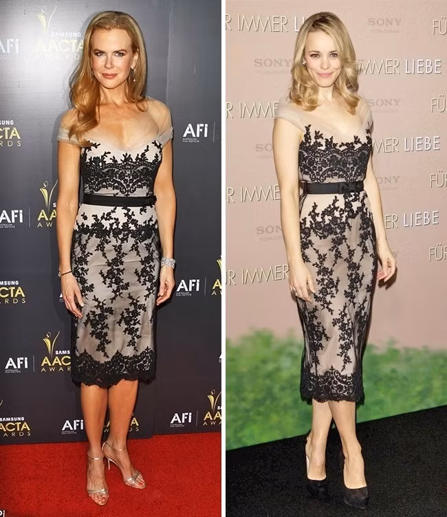 Nicole Kidman và Rachel McAdams: Đầm trễ vai họa tiết hoa nhí của Collette Dinnigan giúp hai người đẹp Rachel McAdams và Nicole Kidman khoe khéo đường cong quyến rũ và đôi vai trần gợi cảm.