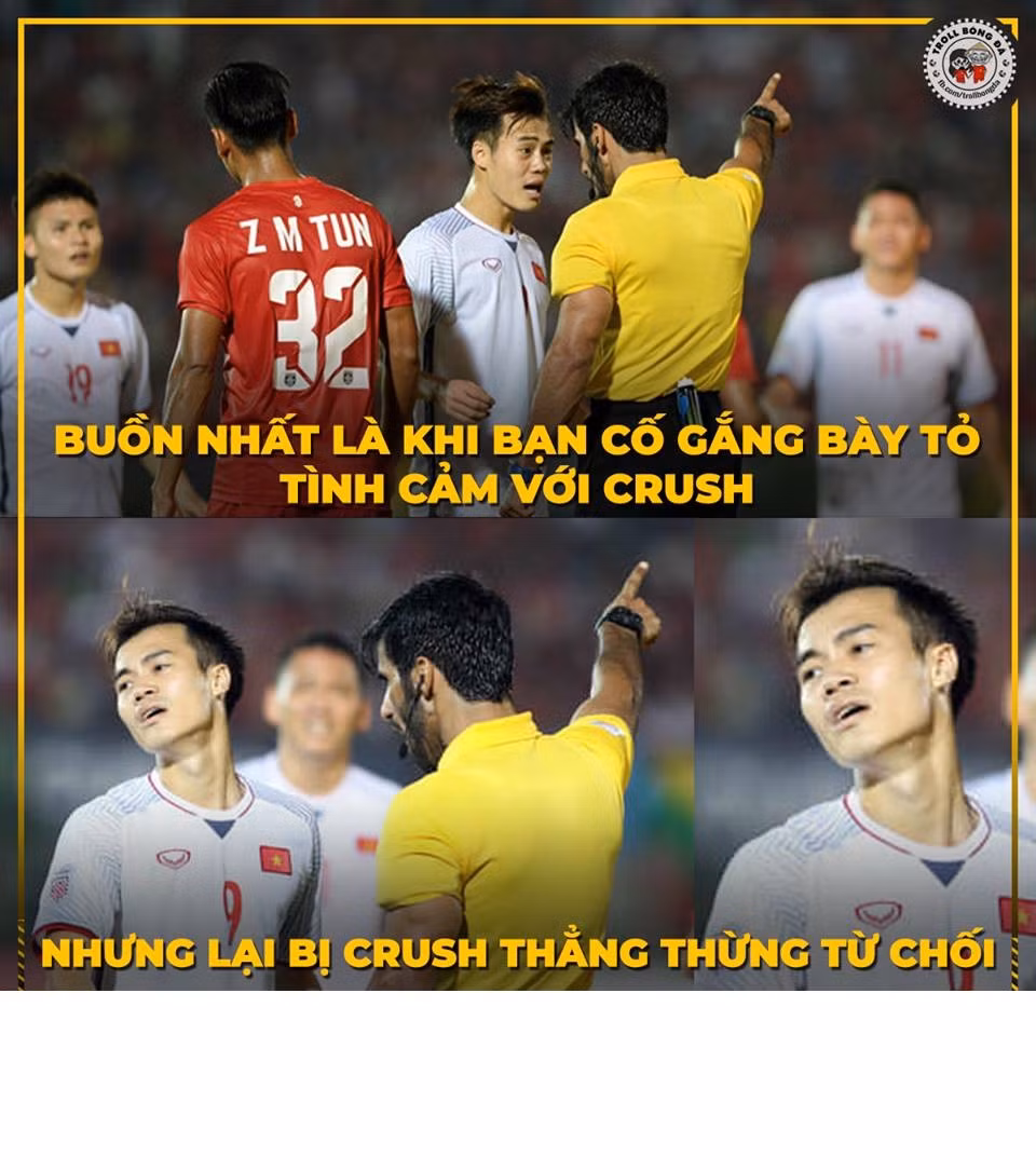 Văn Toàn cố gắng bày tỏ tình cảm với crush là trọng tài nhưng lại nhận được cái kết đắng sau tình huống đệm bóng vào lưới Myanmar của mình.