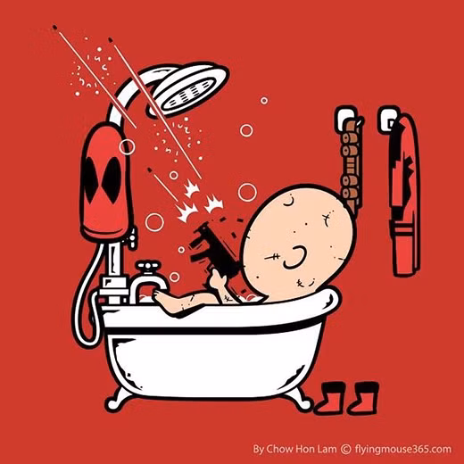 Siêu anh hùng hài hước Deadpool khi đi tắm cũng không yên mà phải bắn phá lung tung. Với sự nghịch ngợm này thì tiền lương nhân vật này sẽ chỉ để sửa sang phòng tắm.