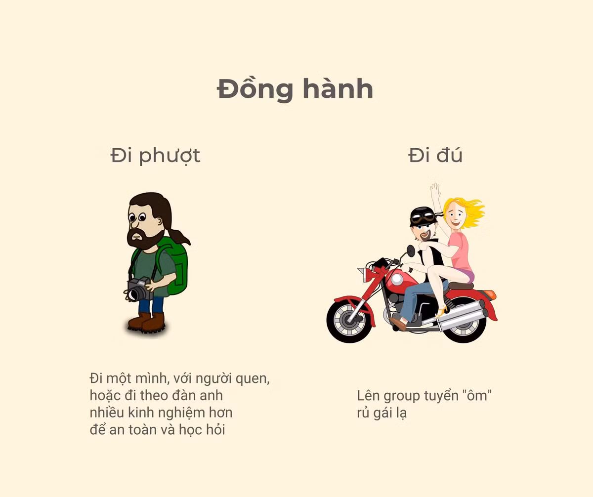 Với những người đi phượt chân chính, họ thường đi một mình hoặc với đàn anh có kinh nghiệm từng đi nhiều để có kinh nghiệm và để an toàn hơn. Nhưng với các bạn trẻ thì chỉ việc lên các nhóm hội và tuyển "ôm" hoặc "xế" thế là lên đường.