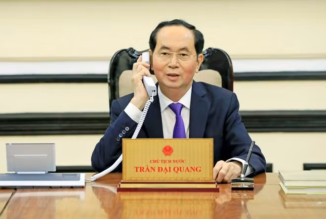 Tối 28/3/2018, tại Phủ Chủ tịch, Chủ tịch nước Trần Đại Quang có cuộc điện đàm với Tổng thống Liên bang Nga Vladimir Putin. (Ảnh: Nhan Sáng/TTXVN)