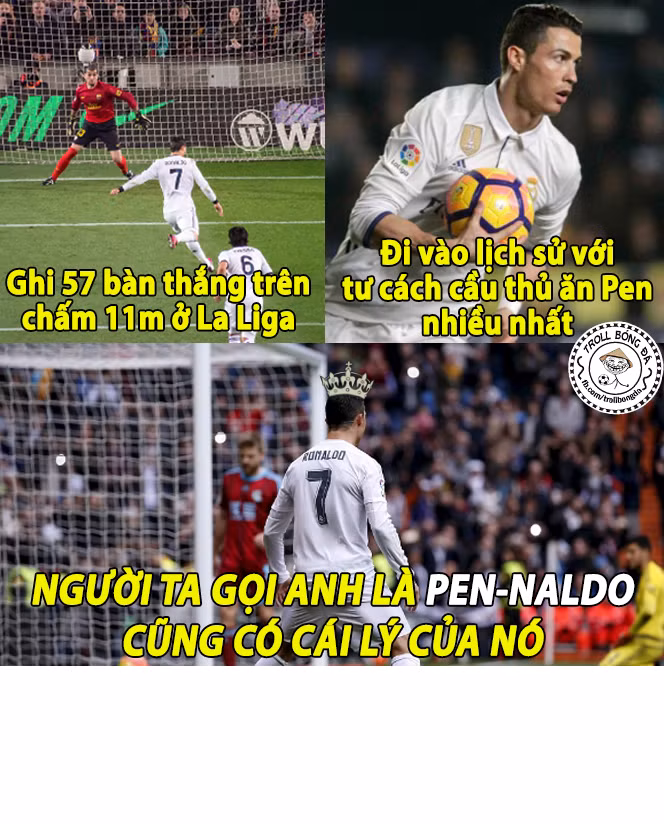 Với 57 lần thực hiện thành công 11m, Cristiano Ronaldo đã có tên mới là Pen-naldo.