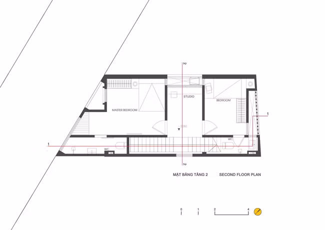 Bản vẽ mặt bằng tầng 2. Ngôi nhà được tạp chí kiến trúc ArchDaily đánh giá cao bởi thiết kế không gian sống thoải mái, rộng rãi trên một mảnh đất “khó”.