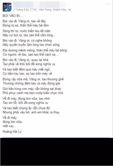 Mới đây trên mạng xã hội, cư dân mạng liên tục chia sẻ bài thơ mang tên "Bơi vào đi" của tác giả Hoàng Hải Lý (Trường Sĩ quan không quân Nha Trang, Khánh Hòa) sáng tác khi nhìn thấy tấm ảnh những chú chó Trường Sa quyến luyến với con người của cựu chiến binh Lê Bá Dương trong một lần ra thăm đảo.