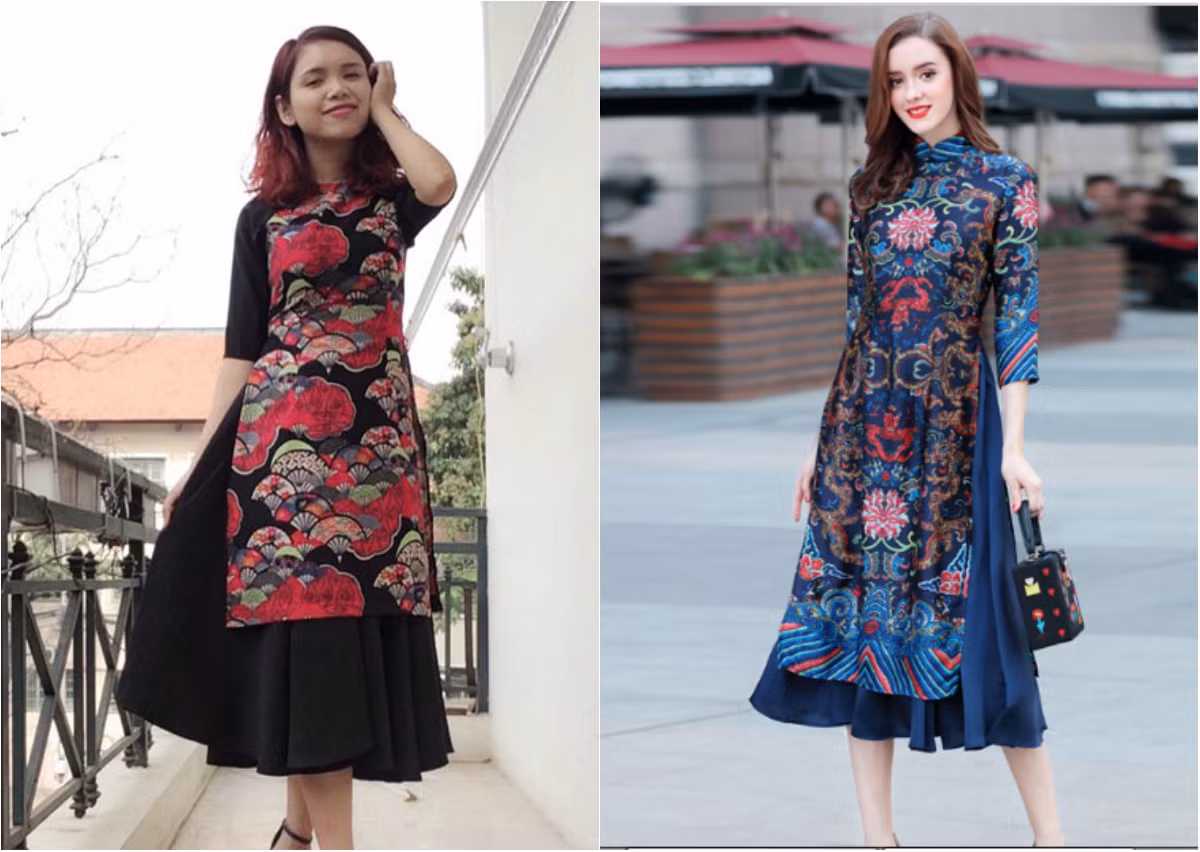 So sánh giữa áo dài cách tân Việt Nam (aodai) (trái) và sườn xám cách tân của Trung Quốc (Cheongsam), có thấy thấy rõ rằng nó đều có điểm chung đó là phần chân váy xòe có thiết kế và độ dài khá tương đồng.