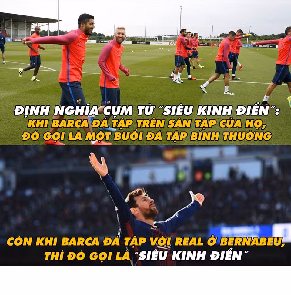 Bức ảnh chế bóng đá Barca biến thánh địa Bernabeu của Real thành sân tập được các fan của CLB xứ Catalan đăng tải lên mạng khiến các Madridista cảm thấy nóng mắt.