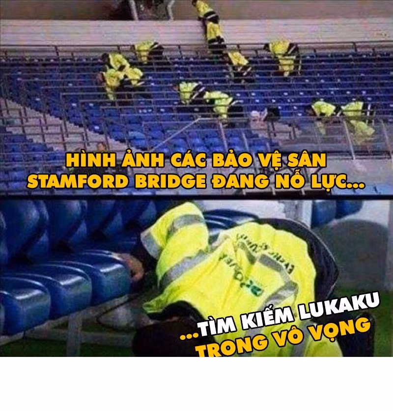 Sự mất tích kì bí của Lukaku đã khiến toàn bộ lực lượng an ninh trên sân Stamford Bridge phải đua nhau đi tìm. Bức ảnh chế bóng đá này làm trái tim của nhiều CĐV M.U đau đớn.