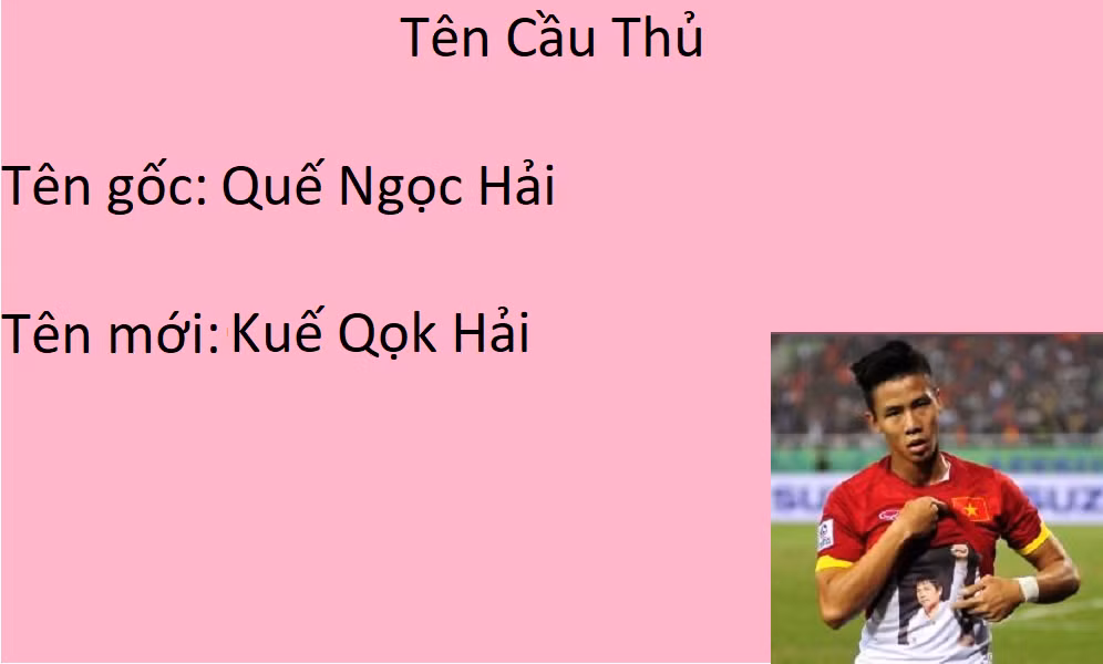 Đơn cử như Công Phương sẽ bị đổi tên thành Quyễn Kôq Fượq, Lê Công Vinh thành Lê Kôq Vin' hay Quế Ngọc Hải thành Kuế Qọk Hải.