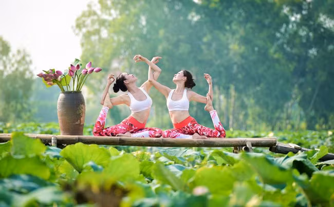 Mặc dù mới tập yoga hơn 10 tháng, thế nhưng cặp đôi U40 trên đã thực hiện được những động tác khó.