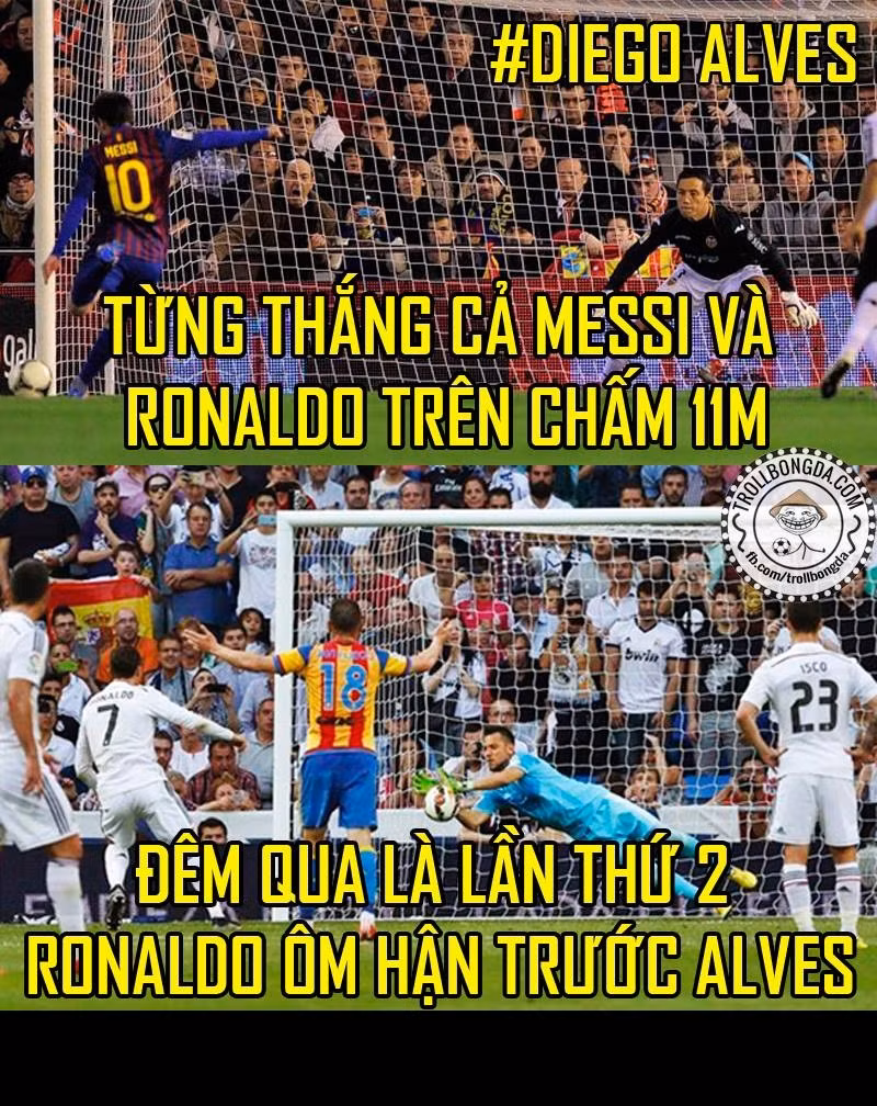 Cuối tuần qua, tại La Liga người ta nhắc đến cái tên Diego Alves (CLB Valencia) rất nhiều khi anh đẩy được pha sút 11m của cả Messi và mới đây là Cris Ronaldo. Diego Alves được CĐV Valencia phong làm "thánh bắt pen".