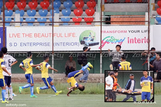 Peter Biaksangzuala sau khi nhảy santo ăn mừng trong trận đấu giữa Bethlehem Vengthlang và Chanmari West FC thuộc giải VĐQG Ấn Độ đã tử nạn. Do tiếp đất không tốt nên cổ của Peter giáng thẳng xuống đất.
