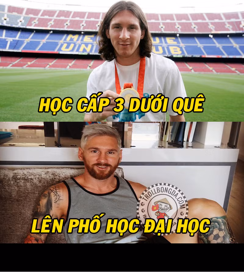 Khi mới trình làng bóng đá thế giới, Messi còn là một "cậu trai" hiền lành với tóc dài, bồng bềnh, thư sinh. Và sau bao năm lăn lộn trên sân cỏ, cầu thủ này đã sở hữu vẻ ngoài sành điệu, với những hình xăm và thêm bộ râu vô cùng phong cách.