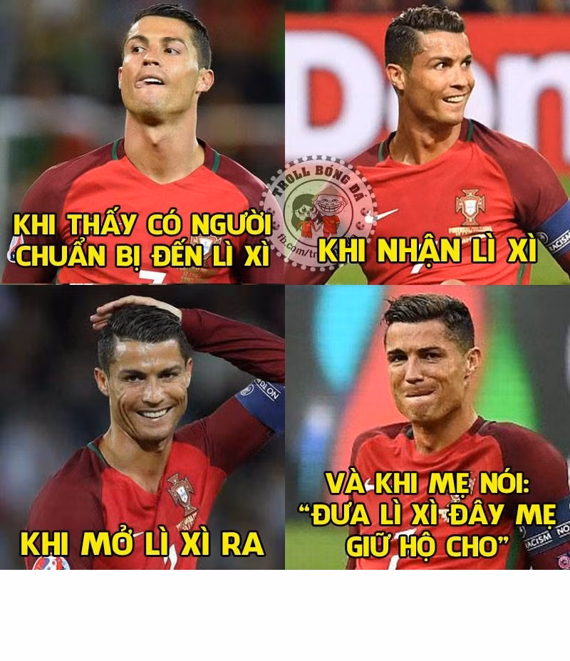  Ảnh chế bóng đá tuần qua của dân mạng Việt vẫn mang dư âm của những ngày Tết Nguyên Đán vừa qua. Các bạn trẻ đã khéo léo lồng ghép những khuôn mặt biểu cảm của Cristiano Ronaldo vào việc nhận lì xì đầu năm mới.