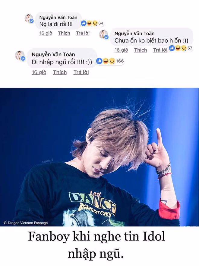 Thậm chí khi 3/5 các thành viên Big Bang phải nhập ngũ, Văn Toàn còn buồn mất mấy ngày. Chàng tiền cầu thủ U23 Việt Nam còn không ngần ngại đặt ảnh mình cạnh 5 thành viên của Big Bang và tự nhận mình là thành viên thứ 6.