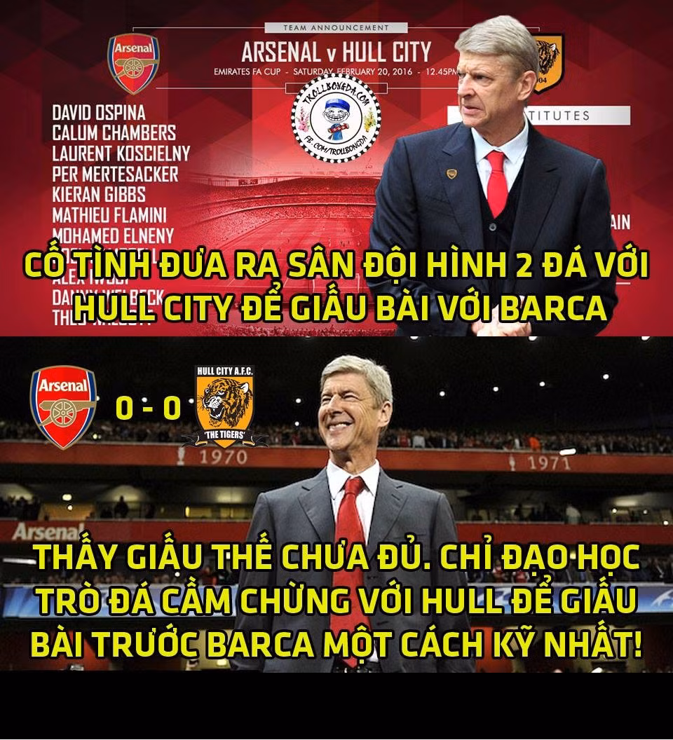 HLV Wenger của Arsenal đã tính rất xa khi cho các cầu thủ đá vật vờ trong trận gặp Hull City để giấu bài trước Barca trong trận đấu tới tại Champion League.