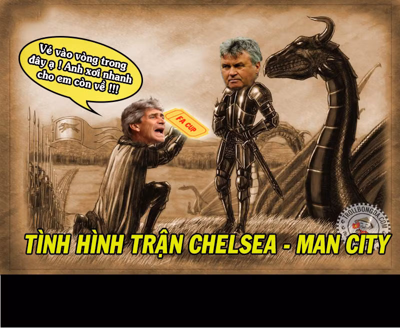 Mới đây, cư dân mạng chế ảnh HLV Manuel Pellegrini của Man City đã phải quỳ gối dâng chiếc vé vào vào vòng trong FA Cup cho Chelsea.