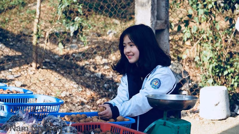 Một cô bạn xinh xắn lọt vào "tầm ngắm" của dân tình sau bức ảnh diện đồng phục học sinh ngồi bán hạt óc chó ở Hà Giang. Nữ sinh này có tên Vàng Thị Sinh, 18 tuổi và sở hữu gương mặt ngây thơ, trong sáng khiến những người qua đường không thể ngó lơ.