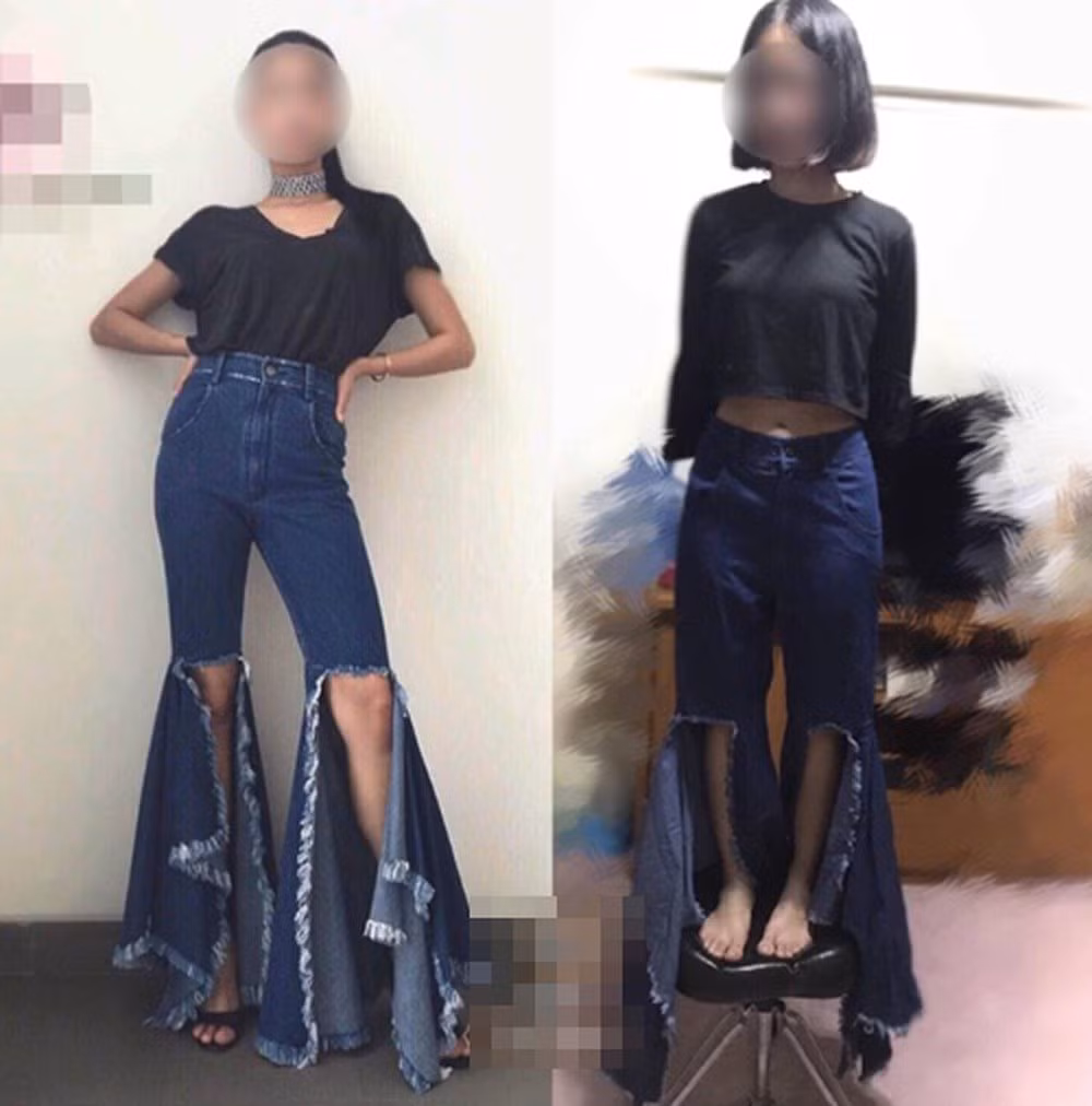 Phải dùng tới chiếc ghế để có thể mặc được chiếc quần què cắt xẻ táo bạo.