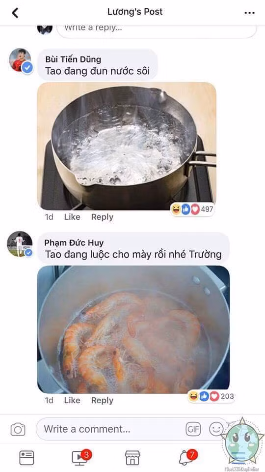 Công Phượng thì cắt râu tôm, trung vệ Tiến Dũng đun sôi nước, Đức Huy luộc tôm, Văn Thanh bóc vỏ để phục vụ cho người đội trưởng U23 Việt Nam là tiền vệ Lương Xuân Trường.