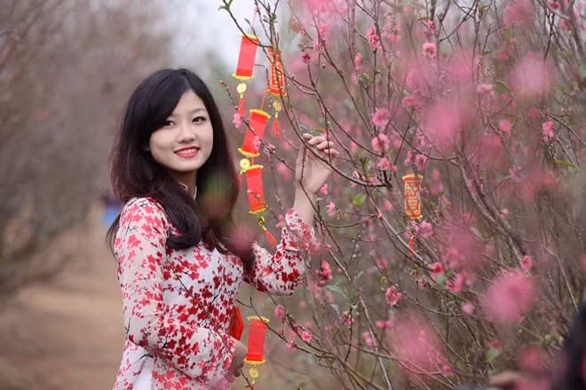 Vườn đào Nhật Tân là địa điểm được nhiều bạn trẻ chụp ảnh Tết đẹp của mình trong những năm vừa qua. Sắc hoa đào bích ở Nhật Tân giữa ngày Hà Nội nắng vàng làm nền cho những bức ảnh "chơi" Tết trở nên lung linh hơn.
