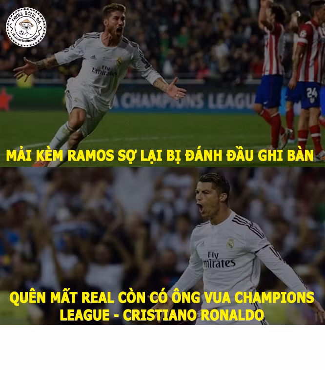  Bức ảnh chế hàng thủ Atletico Madrid mải kèm Ramos mà quên đi Ronaldo đã được các fan của Real Madrid treo khắp ngõ ngách trên mạng xã hội. Ảnh: Troll bóng đá