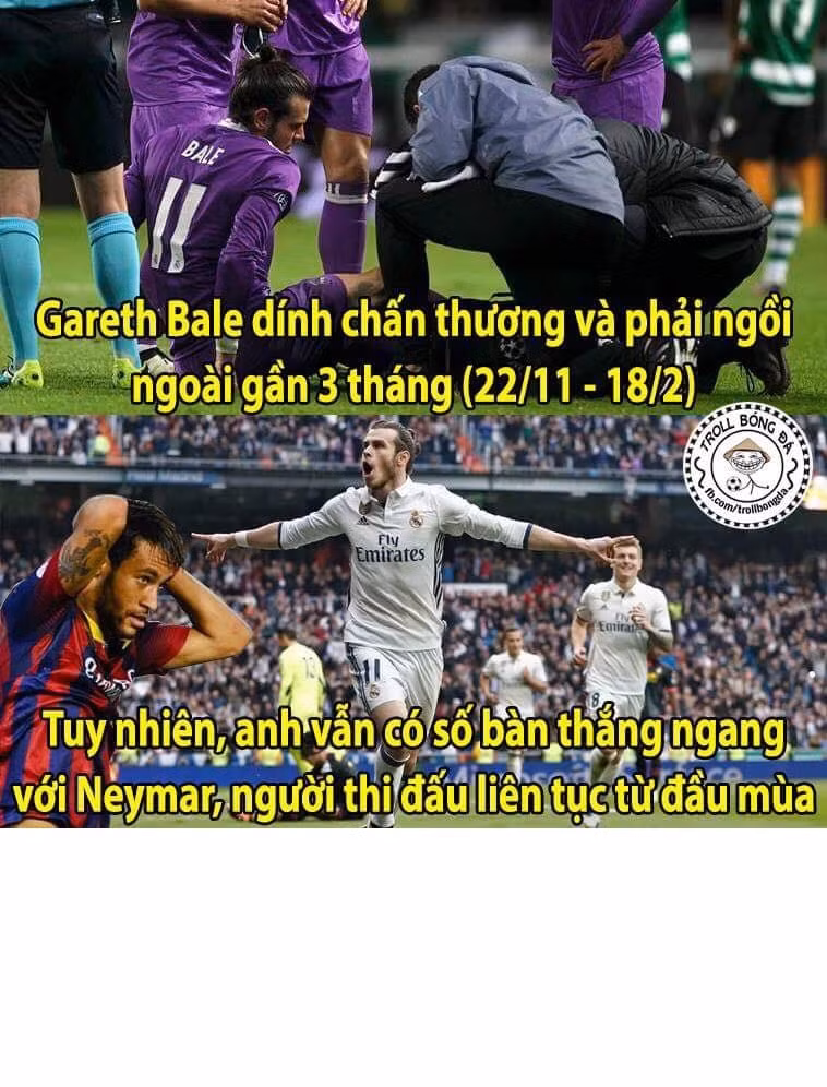 Tuy mới trở lại nhưng Bale cũng có 6 bàn thắng và điều này khiến Neymar của đại kình địch Barca cảm thấy tủi thân.