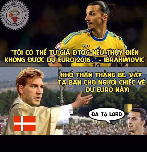 Ảnh chế hài hước: Vì không muốn Ibrahimovic giã từ sự nghiệp ĐTQG nên Thánh Bendtner đã ban đặc ăn cho cầu thủ này đó là chiếc vé đến VCK Euro 2016.