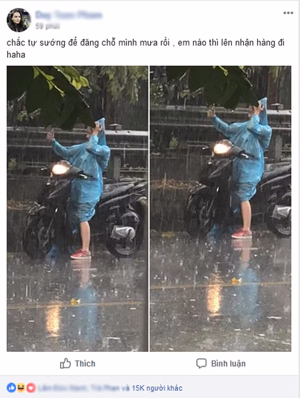 Hà Nội vừa trải qua những ngày nắng nóng đỉnh điểm và cơn mưa rào hôm nay chẳng khác gì một món quà giải khát cho người dân. Cơn mưa này không chỉ giúp nền nhiệt ở Thủ đô hạ nhanh mà còn giúp một cô gái kiếm "triệu views" nhờ bức ảnh check-in.