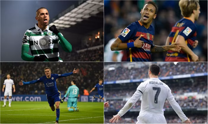 Islam Slimani (Sporting Lisbon), Neymar Jr. (Barcelona), Cristiano Ronaldo (Real Madrid) và chân sút mới nổi Jamie Vardy (Leicester City) là những chân sút sở hữu 16 bàn thắng và 32 điểm. Nhóm chân sút này hiện đang đứng thứ 6 trong bảng xếp hạng cuộc đua tới danh hiệu chiếc giày vàng châu Âu.