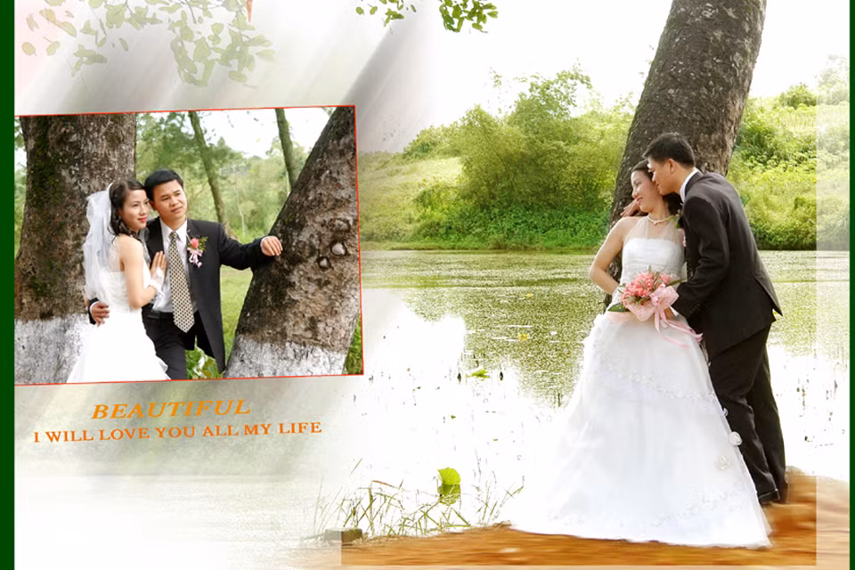 Anh Hải hiện đang nhân viên văn phòng kiêm nhiếp ảnh gia, bộ ảnh cưới theo phong cách sến của hai anh chị được chụp từ 10 năm trước.