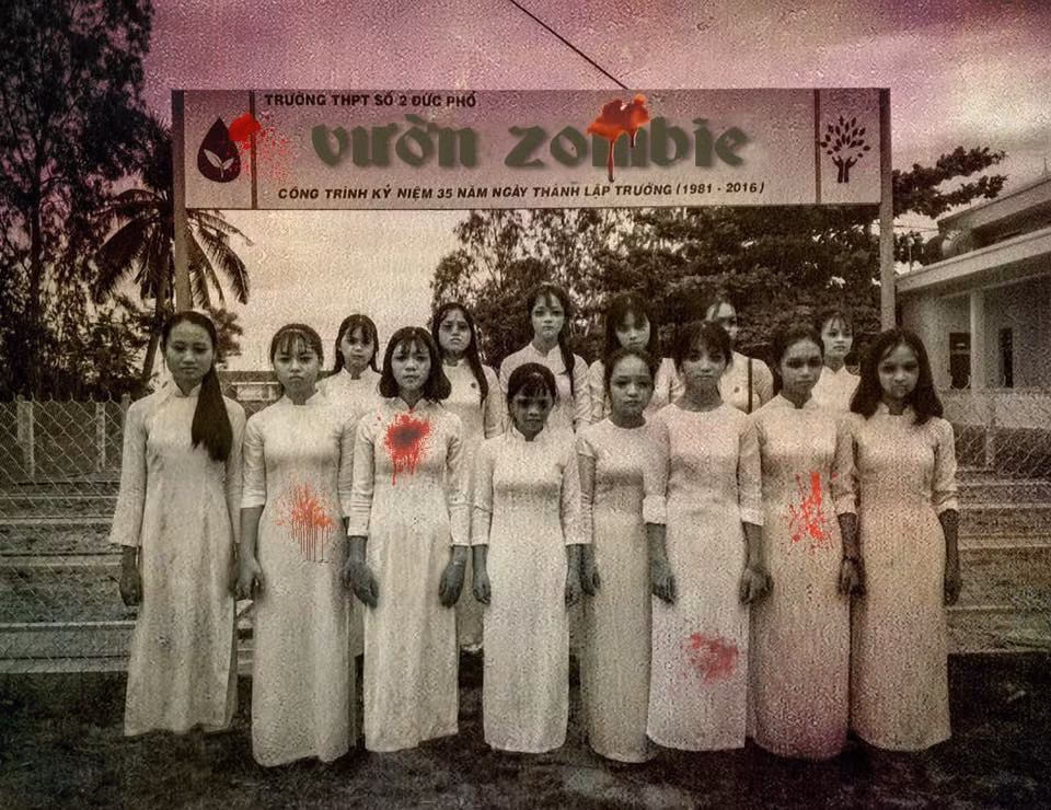 Tấm poster kinh dị và nhóm nữ sinh là nạn nhân.