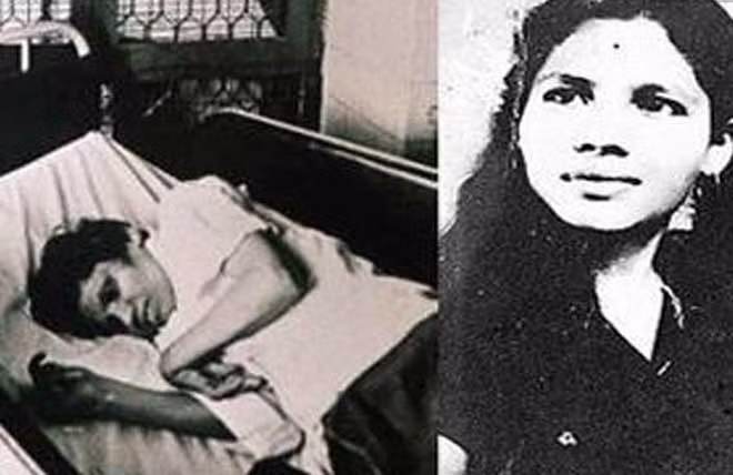 Y tá Aruna Shanbaug năm 25 tuổi (ảnh phải) và cuộc sống thực vật kéo dài 42 năm sau đó (ảnh trái).