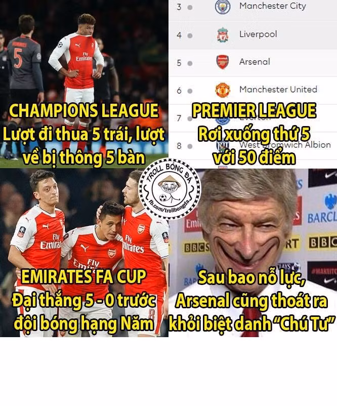 Bức ảnh chế công cuộc tìm được xóa tên "chú tư" của Arsenal giờ đã thành công khi họ gắn mình với số 5.