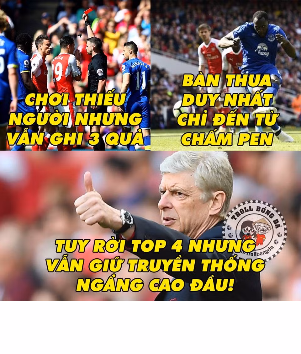  Ảnh chế bóng đá tuần qua xoay quanh trận đấu quyết định tới top 4 của Arsenal tại giải Ngoại hạng Anh. Dù có rời vị trí thứ tư quen thuộc nhưng các "pháo thủ" vẫn trong tư thế ngẩng cao đầu.