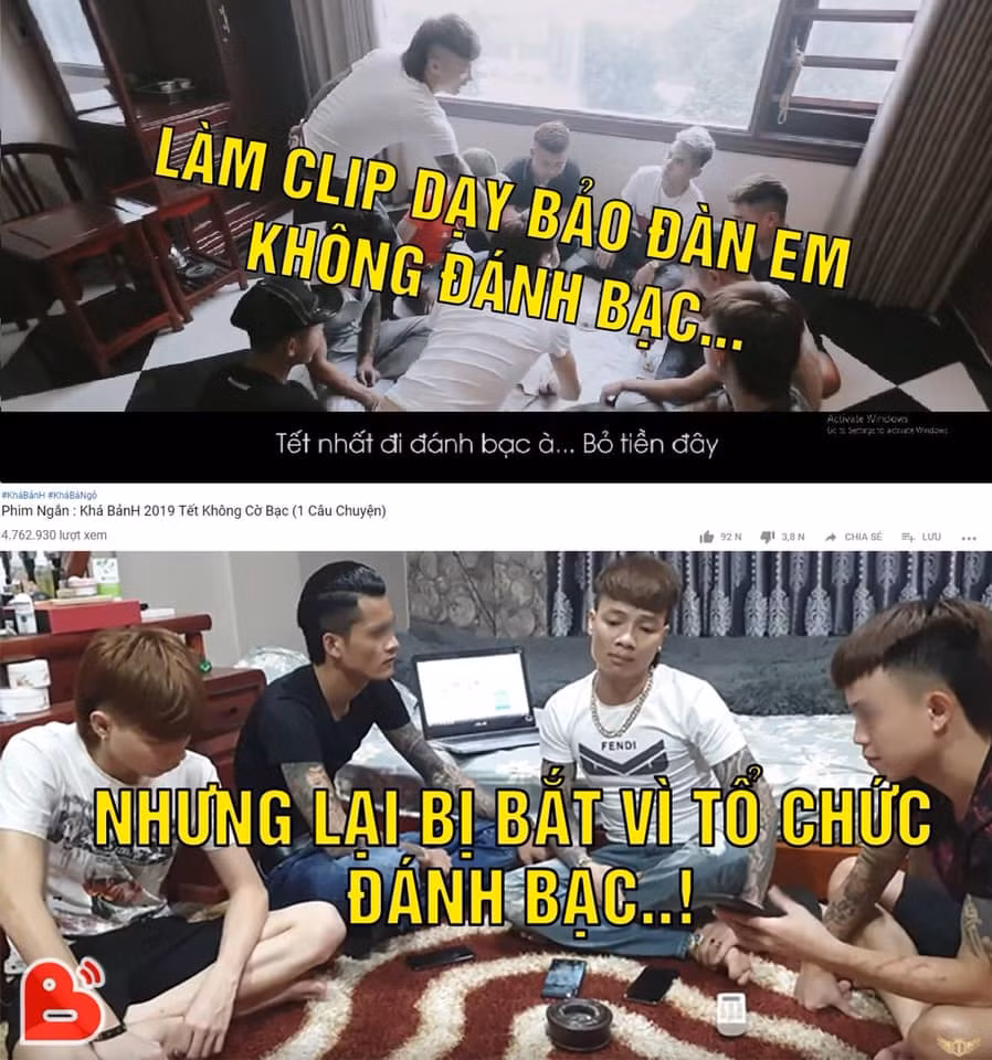 Trong khi làm clip để khuyên mọi người từ bỏ cờ bạc nhưng chính Khá Bảnh lại bị bắt vì cờ bạc và sử dụng ma túy.