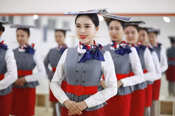 Sau đó, những cô tiếp viên hàng không tương lai còn phải thể hiện khả năng giữ thăng bằng và nụ cười biểu cảm bằng bài tập đặt tờ báo trên đầu và ngậm que đũa.