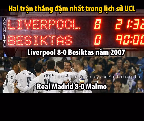 Trận thắng với tỷ số 8-0 trước Malmo của Real Madrid khiến nhiều người nhớ lại trận thắng cùng tỷ số của Liverpool trước Besiktas vào năm 2007.