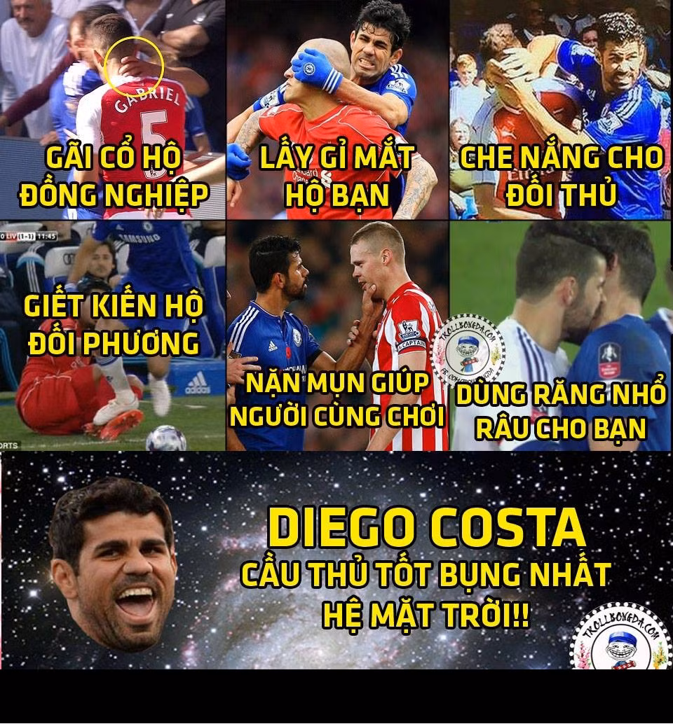 Diego Costa xứng đáng được phong danh hiệu cầu thủ tốt bụng nhất hệ mặt trời bởi những hành động mà anh đã giúp các đối thủ.