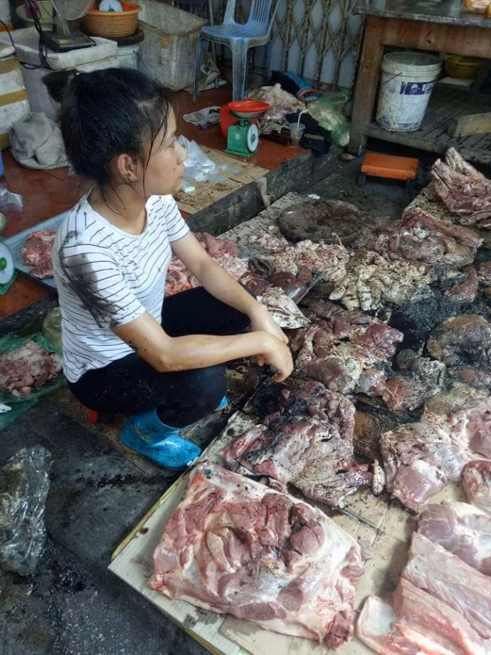 Sự việc diễn ra vào khoảng gần 8h sáng hôm qua (11/5) khi hai chị em X đang ngồi bán hàng thịt thì bất ngờ bị 2 người phụ nữ ngoài 30 tuổi, xách xô dầu luyn trộn với nước thải hôi thối hắt từ phía sau lưng vào hai chị em. Một phản thịt, với gần 1 tạ thịt từ sáng sớm trong quê Kiến Thụy mang ra, có giá khoảng 6 triệu đồng cũng dính đầy dầu luyn. Ảnh: Facebook