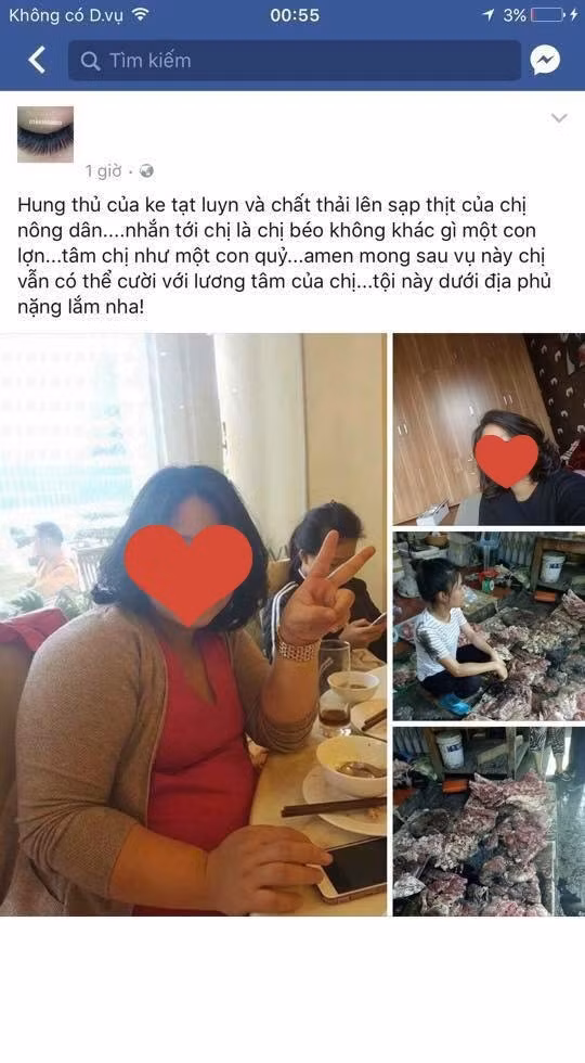 Cũng mới đây, trên mạng xã hội rất nhiều thành viên mạng đã tìm ra được trang cá nhân và cho rằng đây chính là thủ phạm đã có hành xử vô đạo đức với chị X khi hắt dầu luyn và chất thải vào phản thịt lợn. Ảnh: Facebook